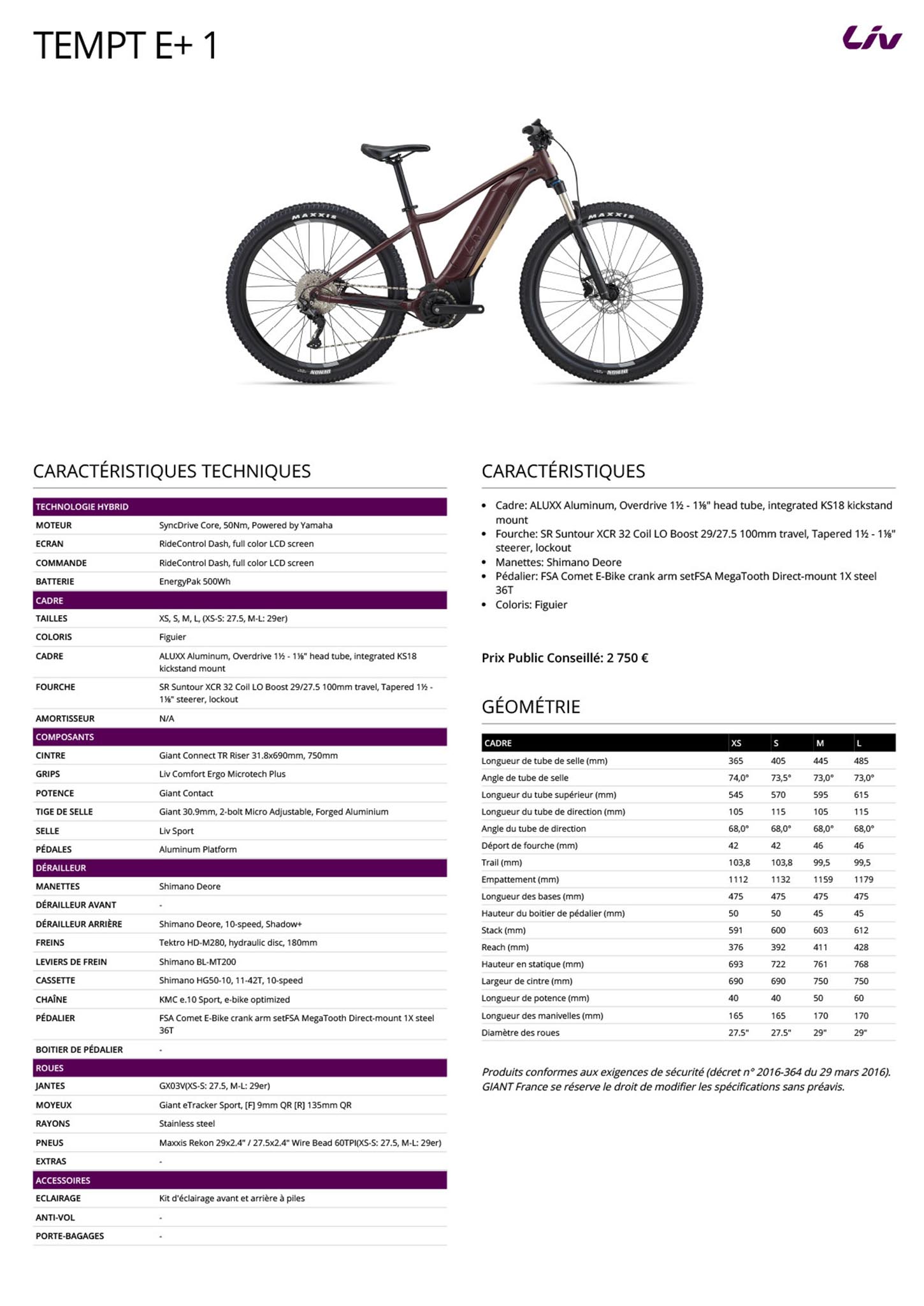 Fiche technique du velo Tempt E+ 1 année 2022